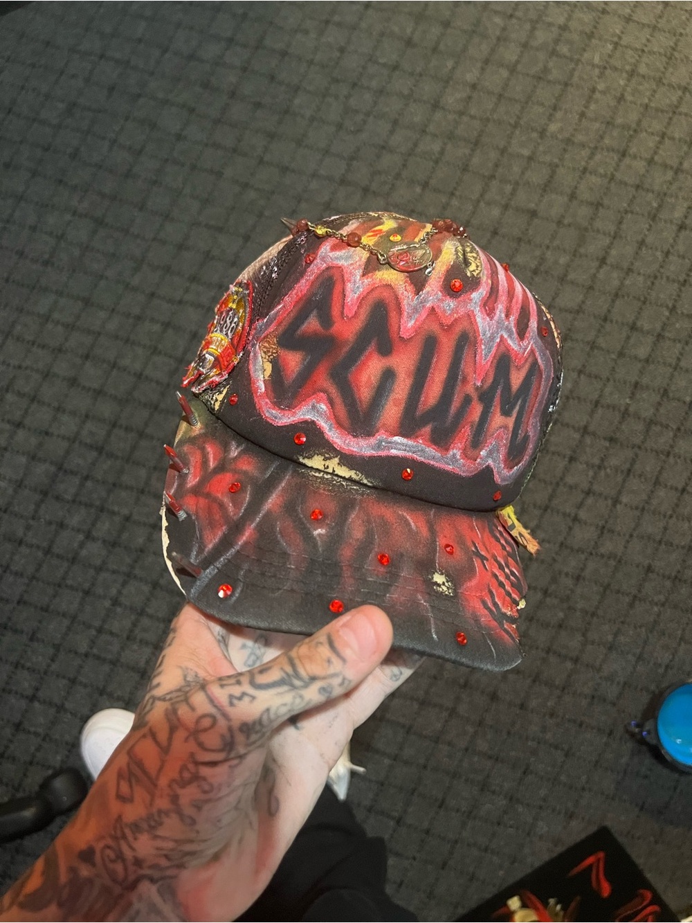 Custom 1 of 1 red and Black 'SCUM' Art Baseball Cap by
